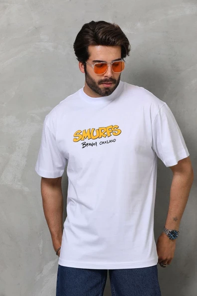 Erkek Kısa Kol Yazlık Tişört Bisiklet Yaka Baskılı Oversize T-Shirt - Beyaz ürün görseli 1