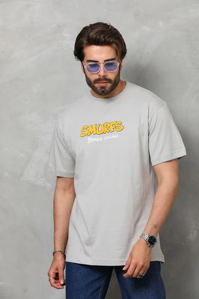 Erkek Kısa Kol Yazlık Tişört Bisiklet Yaka Baskılı Oversize T-Shirt - Gri ürün görseli 1