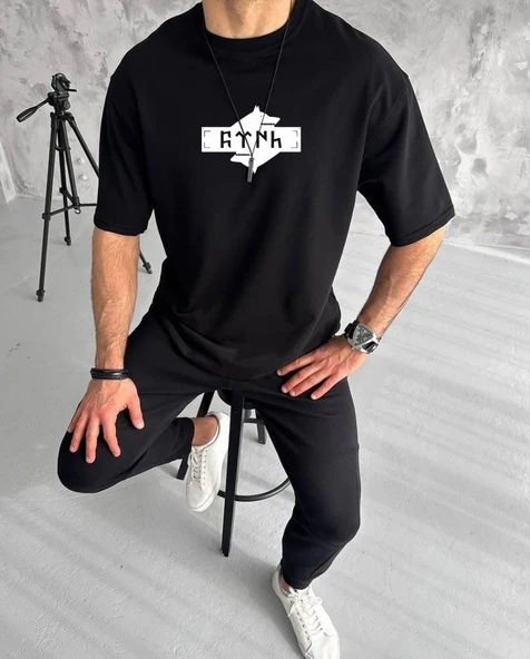 Erkek Kısa Kol Yazlık Tişört Bisiklet Yaka Baskılı Oversize T-Shirt - Siyah ürün görseli 1