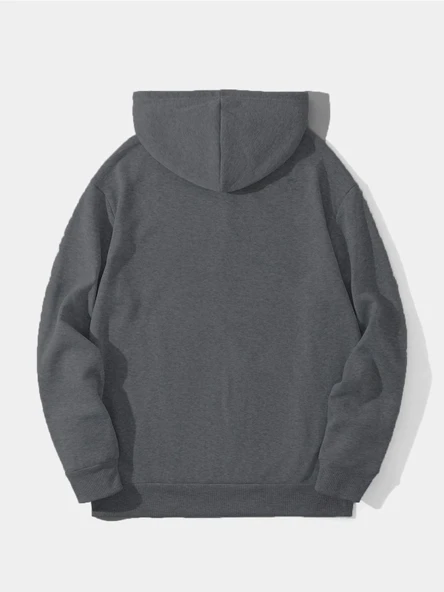 Erkek 3 İplik Pamuklu Kapüşonlu Kanguru Cepli Sweatshirt Hoodie -  Füme ürün görseli 1