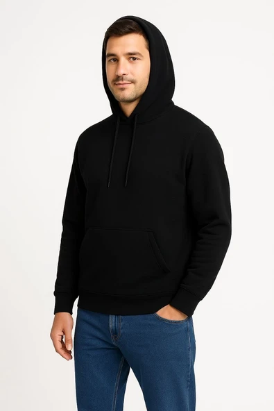 Erkek 3 İplik Pamuklu Kapüşonlu Kanguru Cepli SweatShirt hoodie - Siyah ürün görseli 1