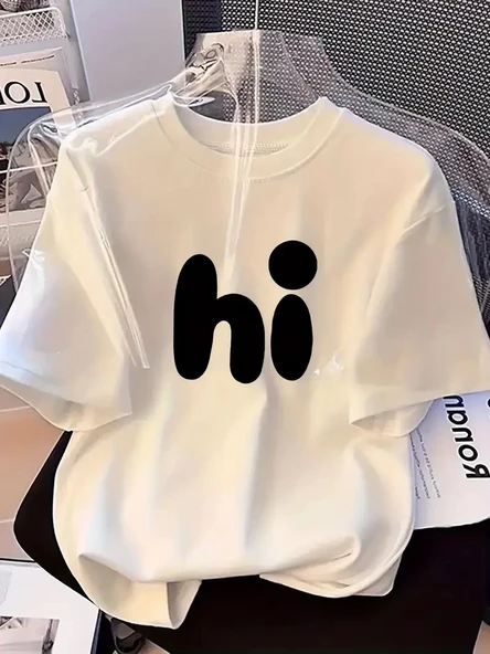 Kadın Kısa Kol Yazlık Tişört Bisiklet Yaka hi Baskılı T-Shirt - Beyaz ürün görseli 1