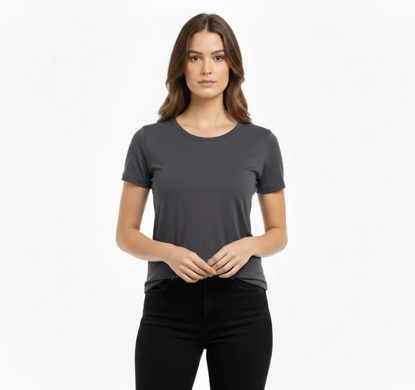 Kadın T-Shirt Bisiklet Yaka Slim Fit Likralı Tişört Yazlık Basic Body - Füme ürün görseli 1