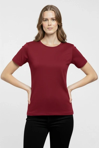 Kadın T-Shirt Bisiklet Yaka Slim Fit Likralı Tişört Yazlık Basic Body - Bordo ürün görseli 1