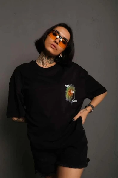kadın Bisiklet Yaka Baskılı Oversize Kısa kol T-Shirt - Siyah ürün görseli 1