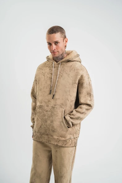 ERKEK 3 iplik Pamuklu Oversize Kapüşonlu Yıkamalı Hoodie SweatShirt - Bej ürün görseli 1