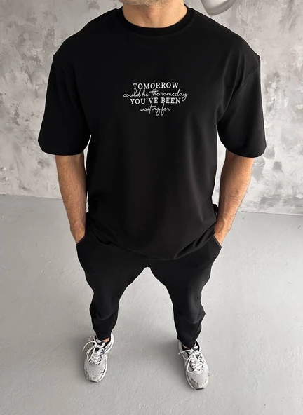 Erkek Kısa Kol Yazlık Tişört Bisiklet Yaka Baskılı Oversize T-Shirt - Siyah ürün görseli 1