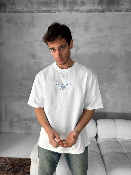 Erkek Ön ve Arka Baskılı T-Shirt Kısa Kol Bisiklet Yaka Regular Fit Tişört - Beyaz ürün görseli 1