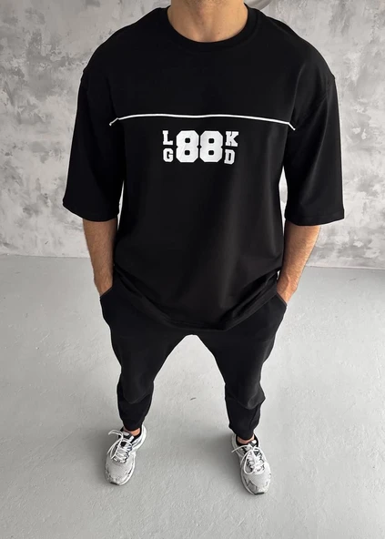 Erkek Kısa Kol Yazlık Tişört Bisiklet Yaka Baskılı Oversize T-Shirt - Siyah ürün görseli 1