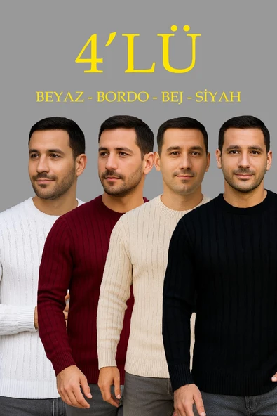 Erkek Fitilli Triko Bisiklet Yaka Kalın Kazak 4'lü Set Beyaz-Bebek Mavisi-Gri-Siyah ürün görseli 1