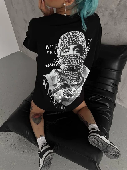 Kadın Kısa Kol Tişört Bisiklet Yaka Filistin Poşülü Baskılı T-Shirt - Siyah ürün görseli 1
