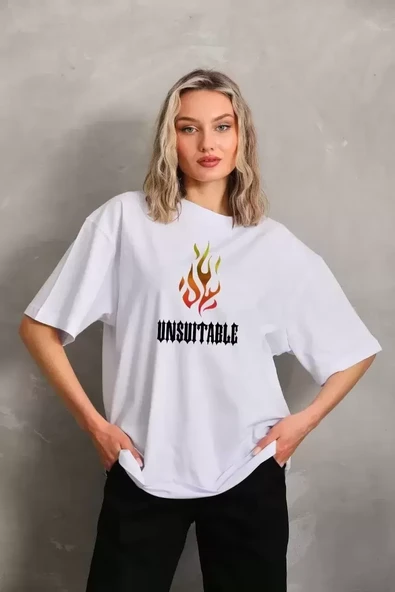 Kadın Baskılı T-Shirt Kısa Kol Bisiklet Yaka Oversize Rahat Kalıp Günlük Tişört   - Beyaz ürün görseli 1