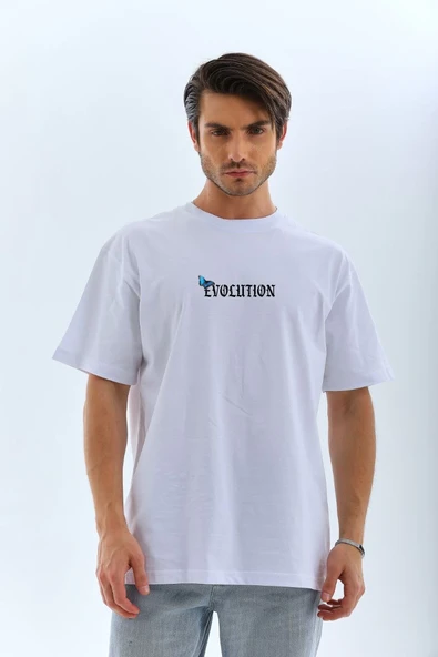 Erkek Kısa Kol Yazlık Tişört Bisiklet Yaka KELEBEK Baskılı T-Shirt - Beyaz ürün görseli 1