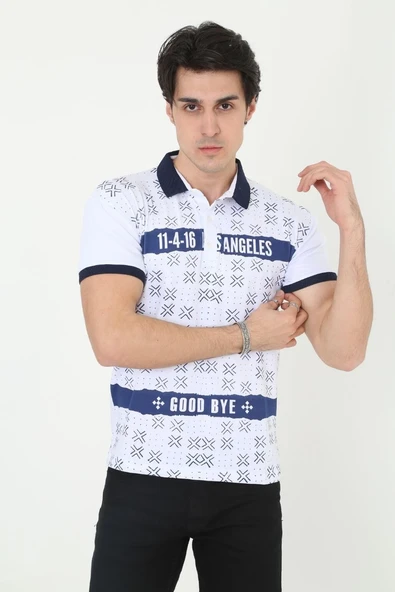 Erkek Polo Yaka Tişört Slim Fit Baskılı Kısa Kol T-Shirt - Beyaz ürün görseli 1