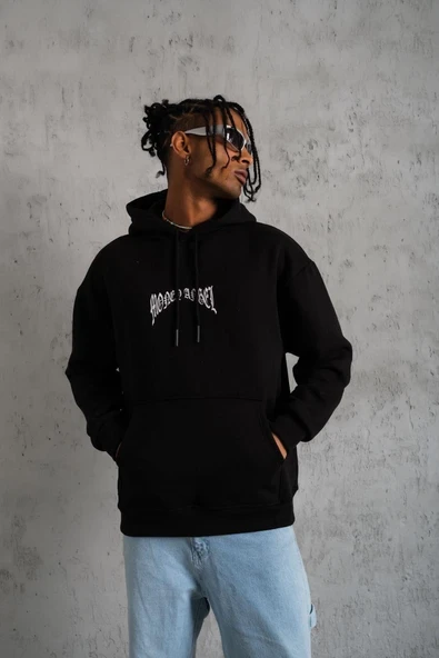 Erkek 3 İplik Pamuklu Baskılı Kapüşonlu Cepli Sweatshirt Hoodie - Siyah ürün görseli 1