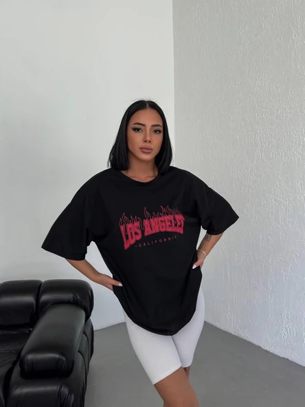 Kadın Kısa Kol Yazlık Tişört Bisiklet Yaka Los Angeles Baskılı T-Shirt - Siyah ürün görseli 1