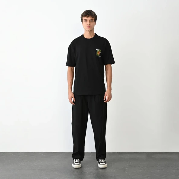 Erkek Kısa Kol Yazlık Tişört Bisiklet Yaka Baskılı Oversize T-Shirt - Siyah ürün görseli 1