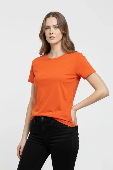 Kadın T-Shirt Bisiklet Yaka Slim Fit Likralı Tişört Yazlık Basic Body - Turuncu ürün görseli 1