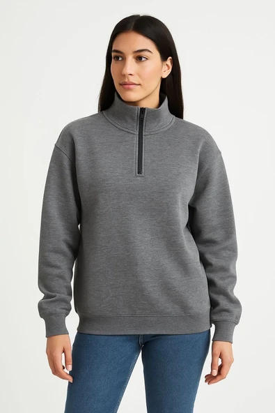 Kadın 3 İplik Pamuklu Dık Yaka Yarım Fermuarlı SweatShirt - Antrasit ürün görseli 1