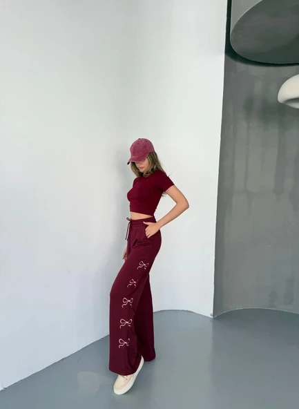 Kadın Osy Modal Yumuşak Dokulu Kumaş Nakış işlemeli Rahat Bol Paça Eşofman Pantolon - Bordo ürün görseli 1