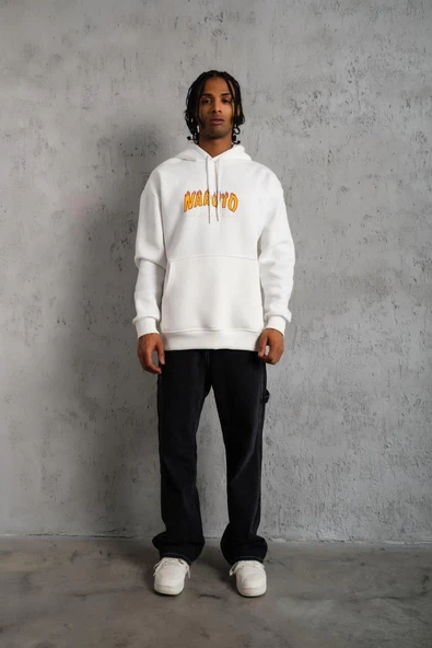 Erkek Baskılı Kapüşonlu 3 iplik pamuklu hoodie Sweatshirt - Beyaz ürün görseli 1