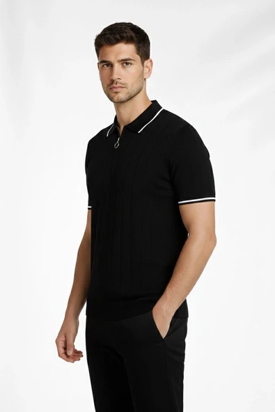 Erkek Yazlık Dokuma Triko Tişört Fermuarlı Polo Yaka Kısa Kol T-Shirt - Siyah ürün görseli 1