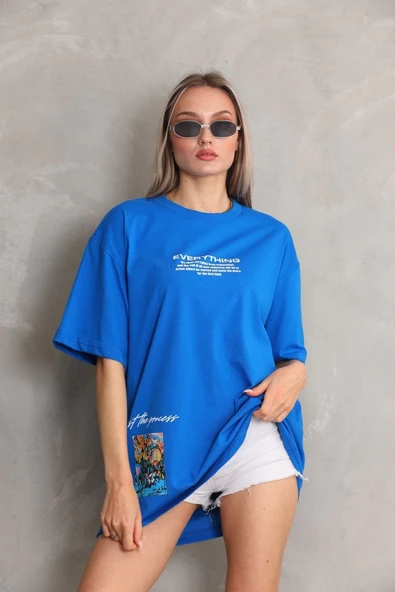 kadın Bisiklet Yaka Baskılı Oversize T-Shirt - Mavi ürün görseli 1