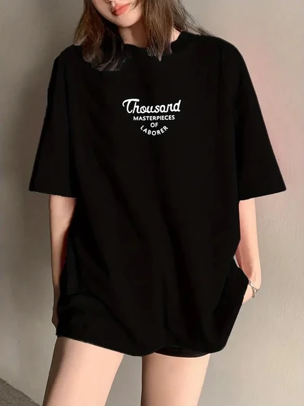 Kadın Baskılı Tişört Bisiklet yaka yazlık Kısa Kol oversize t-shirt - Siyah ürün görseli 1