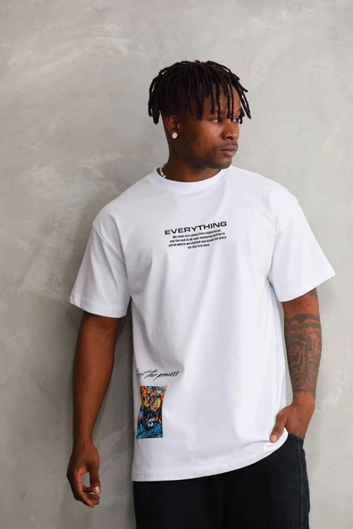 Erkek Bisiklet Yaka Baskılı Oversize T-Shirt - Beyaz ürün görseli 1