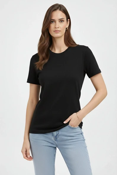 Kadın Bisiklet Yaka Yazlık Kısa kol Düz Tişört Regular Kalıp T-shirt - Siyah ürün görseli 1