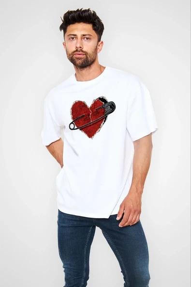 Erkek Kısa Kol Tişört Bisiklet Yaka KALP Baskılı Oversize T-Shirt - Beyaz ürün görseli 1
