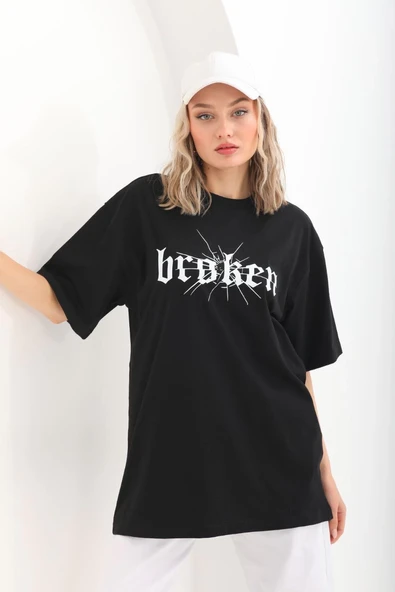 Kadın Kısa Kol Yazlık Tişört Bisiklet Yaka Baskılı Oversize T-Shirt - Siyah ürün görseli 1