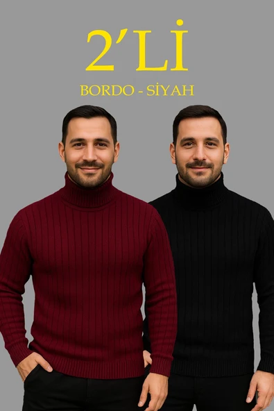 Erkek Fitilli Kazak Tam Boğazlı Balıkçı Yaka Triko 2'li Set Bordo-Siyah ürün görseli 1