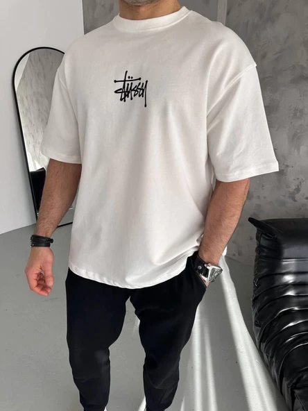 Erkek Tişört Bisiklet Yaka Baskılı Oversize Kısa kol T-Shirt - Beyaz ürün görseli 1