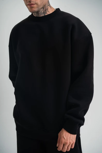 Erkek Uzun Kol Bisiklet Yaka 3 iplik Pamuklu Kışlık SweatShirt - Siyah ürün görseli 1