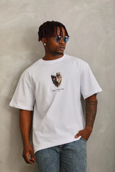 Erkek Baskılı T-Shirt Kısa Kol Bisiklet Yaka Regular Fit Rahat Kalıp Günlük Tişört - Beyaz ürün görseli 1