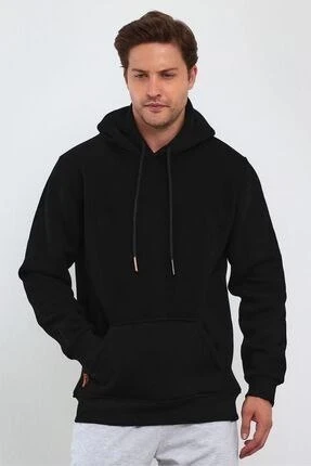 Erkek 3 İplik Pamuklu Kapüşonlu Cepli Oversize Hoodie Sweatshirt - Siyah ürün görseli 1