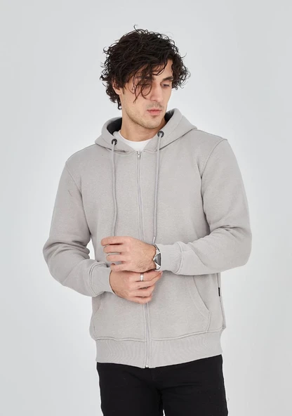 Erkek 3 İplik Pamuklu Kapüşonlu Tam Fermuarlı Cepli Hoodie Sweatshirt - Boyalı Gri ürün görseli 1