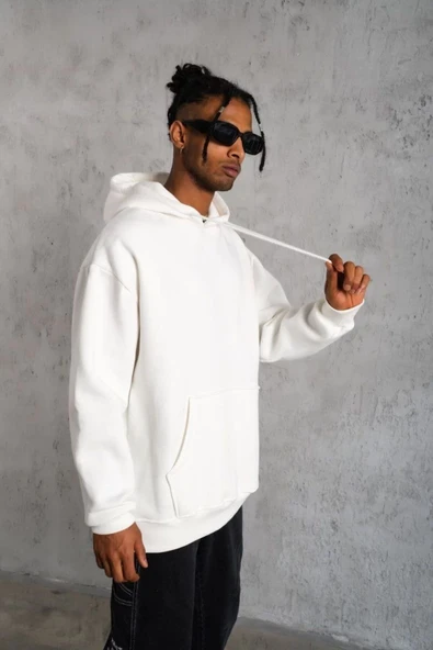 Erkek 3 İplik Pamuklu Kapüşonlu Cepli Düz Oversize Hoodie Sweatshirt - Beyaz ürün görseli 1