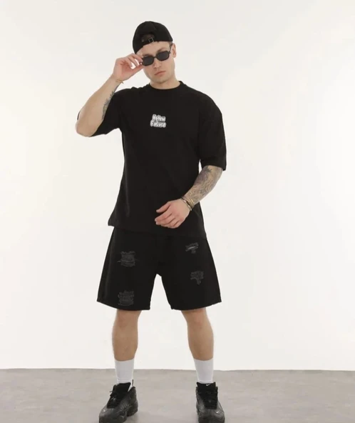Erkek Kısa Kol Yazlık Tişört Bisiklet Yaka Baskılı Oversize T-Shirt - Siyah ürün görseli 1