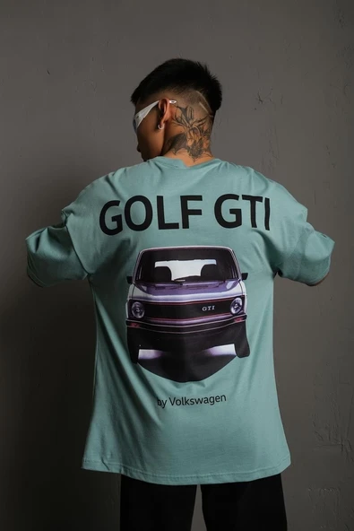 Erkek Oversize Tişört Golf GTI Retro Araba Baskılı T-shirt - Mint Yeşili ürün görseli 1