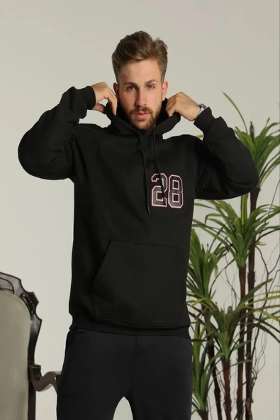 Erkek 3 İplik Pamuklu Kapüşonlu Baskılı Cepli Oversize Sweatshirt Hoodie - Siyah ürün görseli 1