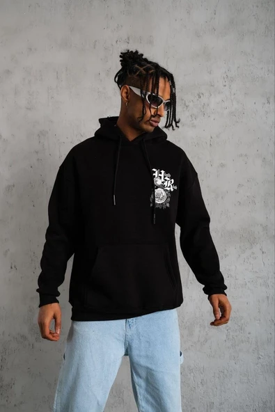 Erkek 3 İplik Pamuklu Kapüşonlu Baskılı Cepli Oversize Sweatshirt Hoodie - Siyah ürün görseli 1