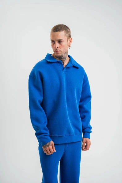 Erkek Açık Yakalı Oversize 3 İplik Pamuklu Sweatshirt - Mavii ürün görseli 1