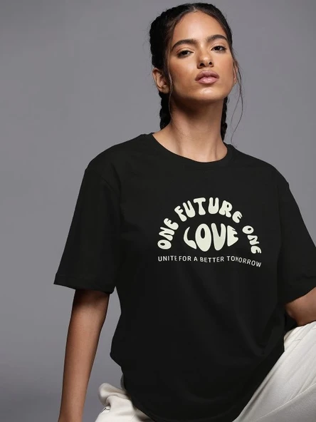 Kadın Baskılı T-Shirt Kısa Kol Bisiklet Yaka Oversize Rahat Kalıp Tişört - Siyah ürün görseli 1