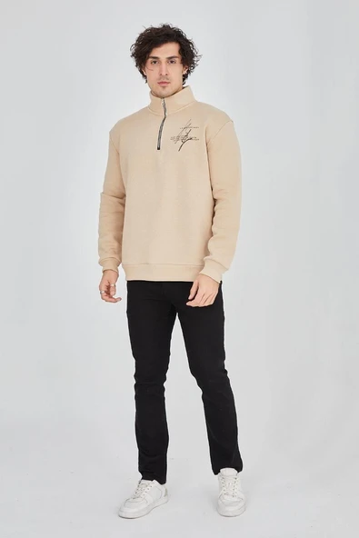Erkek Yarım Fermuarlı Baskılı 3 iplik pamuklu sweatshirt - Bej ürün görseli 1