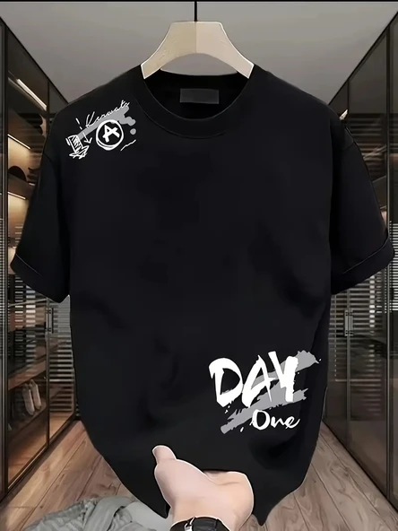 Kadın Kısa Kol Yazlık Tişört Bisiklet Yaka Baskılı Oversize T-Shirt - Siyah ürün görseli 1