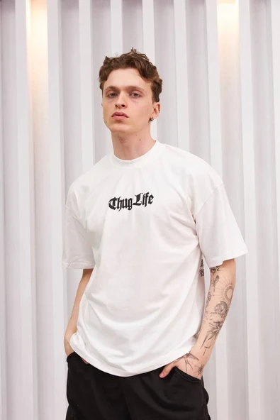 Erkek Kısa Kol Yazlık Tişört Bisiklet Yaka Baskılı Oversize T-Shirt - Beyaz ürün görseli 1
