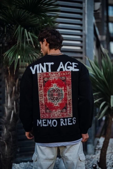 Erkek Bisiklet Yaka 3 İplik Pamuklu Baskılı SweatShirt - Siyah ürün görseli 1