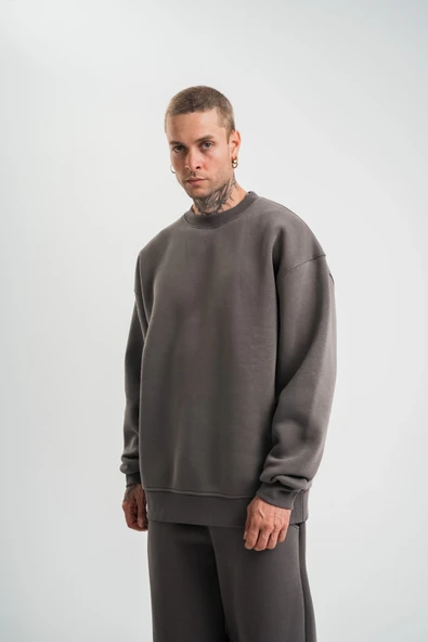 Erkek Uzun Kol Bisiklet Yaka 3 iplik Pamuklu Kışlık SweatShirt  - Füme ürün görseli 1